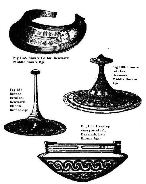 Bronze collar, Denmark; Bronze tutulus, Denmark; Hanging vase, Denmark