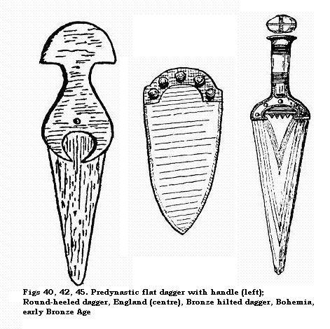 Predynastic flat dagger with handle; Round-heeled dagger, England, Early Bronze Age; Bronze-hilted dagger, Bohemia, Early Bronze Age