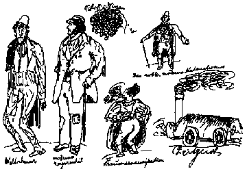 Cartoons (left to right): Weltschmerz (World-weariness), Moderne Zerrissnheit (Modern stress and strain), K�lner Wirren (Cologne discord), Der noble, moderne Materialismus (The noble, modern materialism), Frauenemancipation (Emancipation of women), Zeitgeist (Spirit of the times)