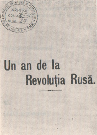 Coperta broşurii „Un an de la revoluţia rusă“ (1918).