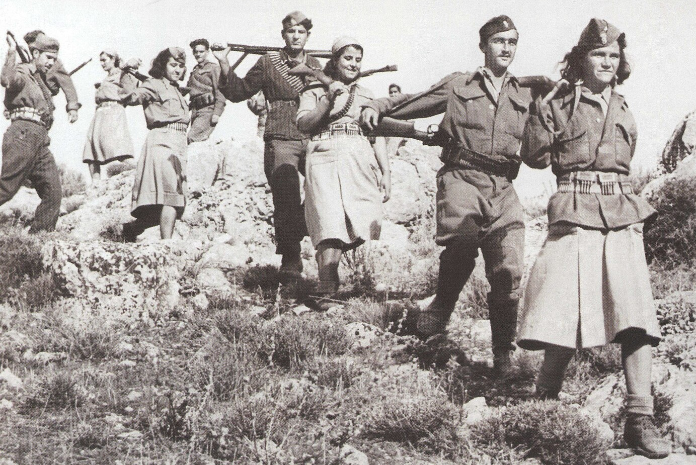 Guerrilla members of the exemplary group-platoon of the 2nd Division of ELAS. Parnitha Second from the right is Salvatore Bakolas, last is Giorgos Doussis.